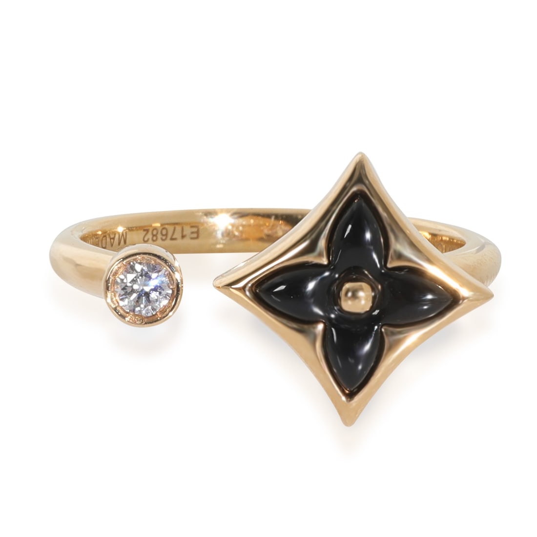 Louis Vuitton Color Blossom Mini Star Ring 18k Yellow Gold Onyx Diamond: Louis Vuitton Color Blossom Mini Star Ring 18k Yellow Gold Onyx Diamond This exquisite Louis Vuitton Color Blossom Mini Star Ring features a round brilliant onyx set in luxurious 18k yellow gold. Acce