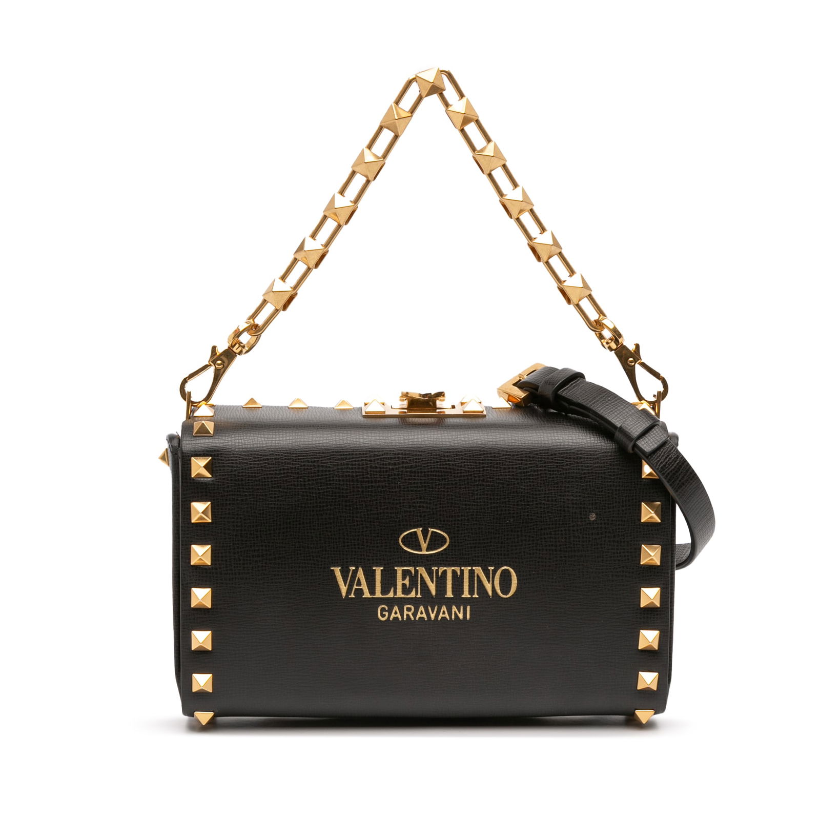Valentino Rockstud Alcove Black Leather Satchel with Chain Handle: Valentino Rockstud Alcove Black Leather Satchel with Chain Handle This Valentino Leather Rockstud Alcove Box Satchel is a stylish accessory crafted in Italy. It features a studded leather body, comple