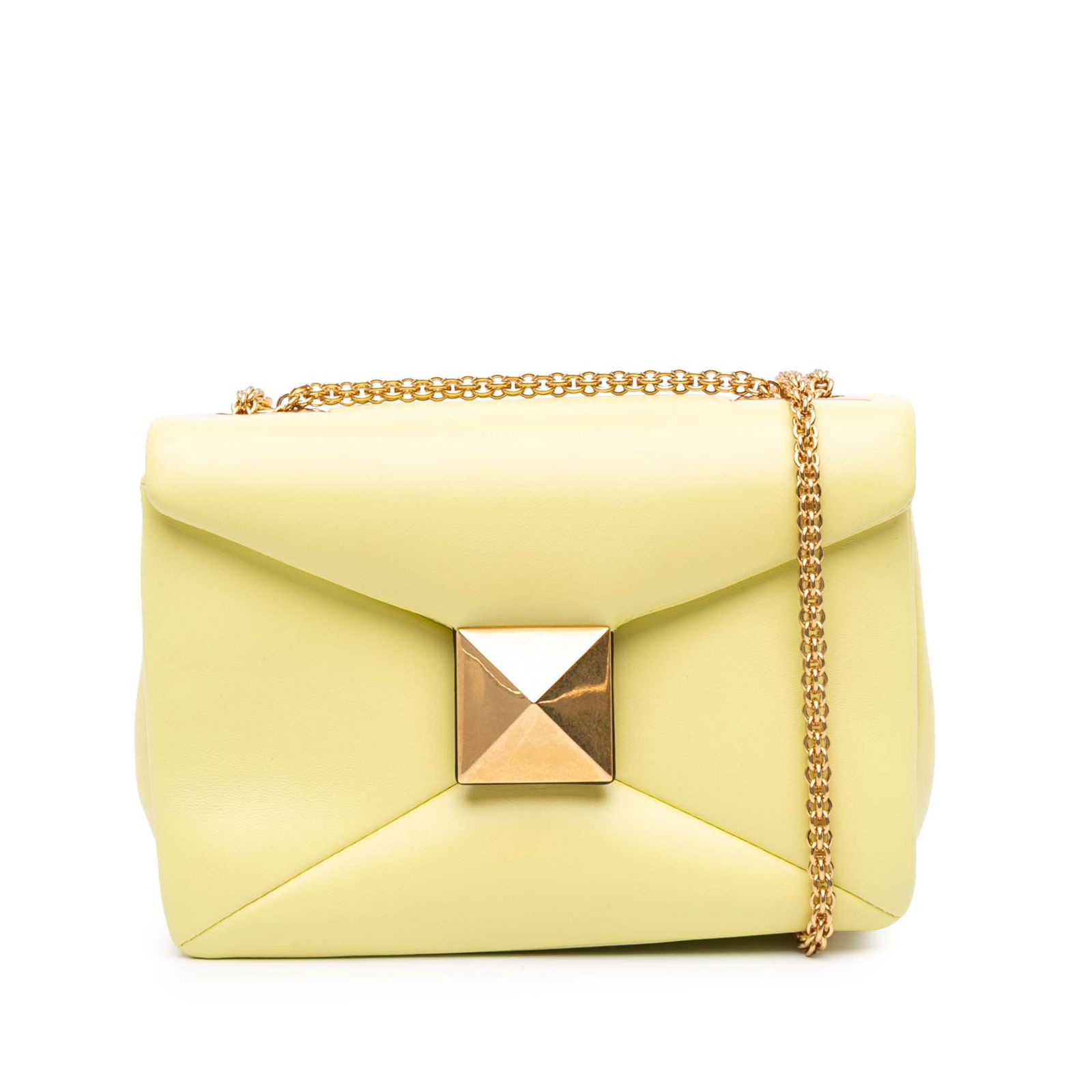 Valentino Nappa One Stud Yellow Leather Chain Shoulder Bag: Valentino Nappa One Stud Yellow Leather Chain Shoulder Bag Elevate your accessory collection with the Valentino Nappa One Stud Chain Shoulder Bag. This stylish shoulder bag showcases a sleek leather b