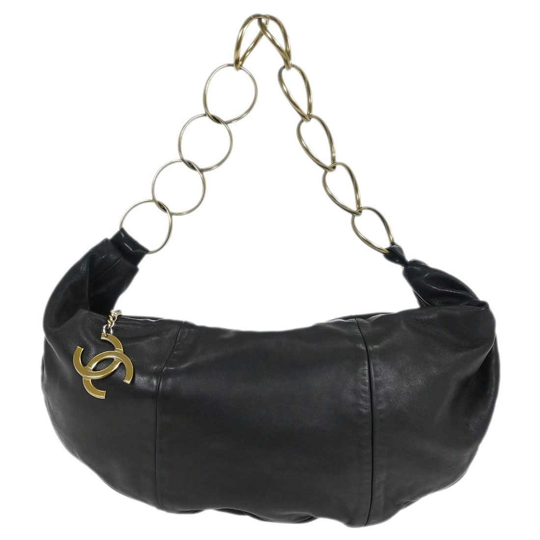 Chanel Black Lambskin Half Moon Hobo Bag with Chain: Chanel Black Lambskin Half Moon Hobo Bag with Chain Elevate your style with this exquisite Chanel Black Lambskin Half Moon Ring Chain Hobo Handbag. This medium-sized accessory features a sleek black l