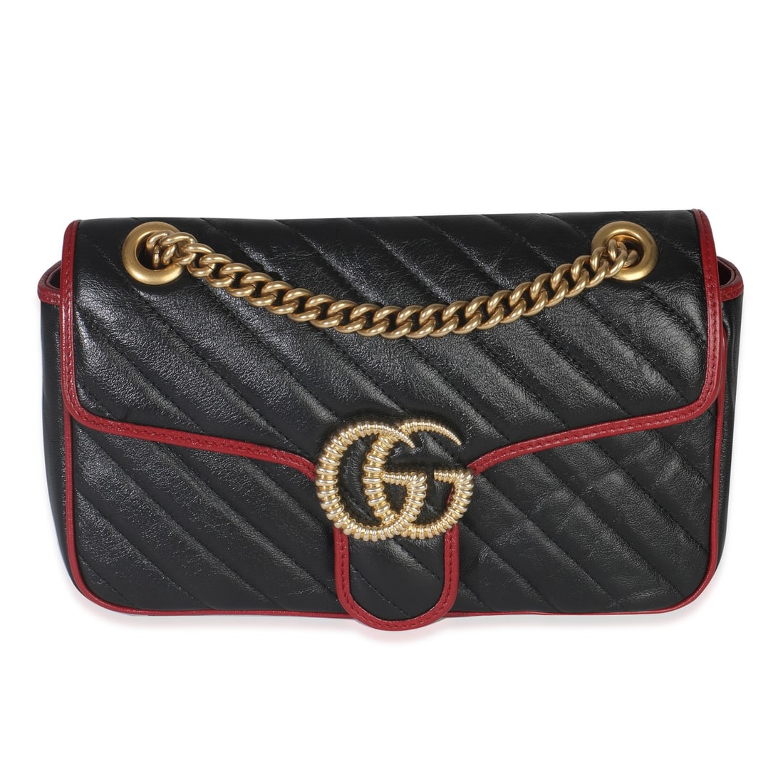 Small GG Marmont Shoulder Bag in Red and Black Calfskin Leather: Small GG Marmont Shoulder Bag in Red and Black Calfskin Leather This Gucci Marmont Torchon Small shoulder bag is crafted from red and black calfskin leather and features gold-tone hardware. The bag in
