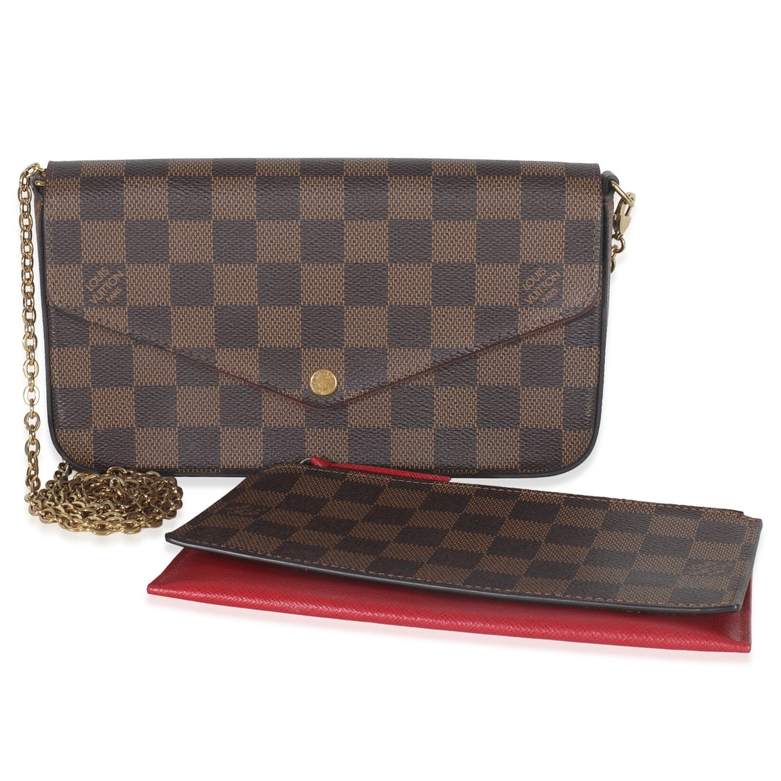 Felicie Pochette Shoulder Bag in Damier Ebene Canvas with Removable Strap: Felicie Pochette Shoulder Bag in Damier Ebene Canvas with Removable Strap This Louis Vuitton Felicie Pochette features the iconic Damier Ebene canvas in a brown colorway. Designed as a shoulder bag, i