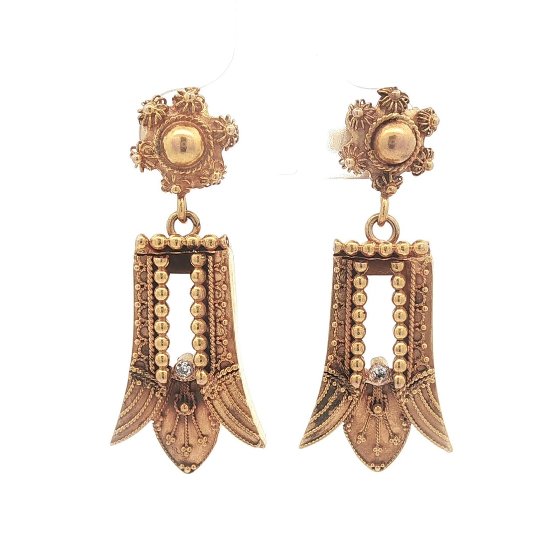Victorian Solid Gold Diamond Dangle Earrings 0.02ctw Antique Etruscan Style (1 of 6)