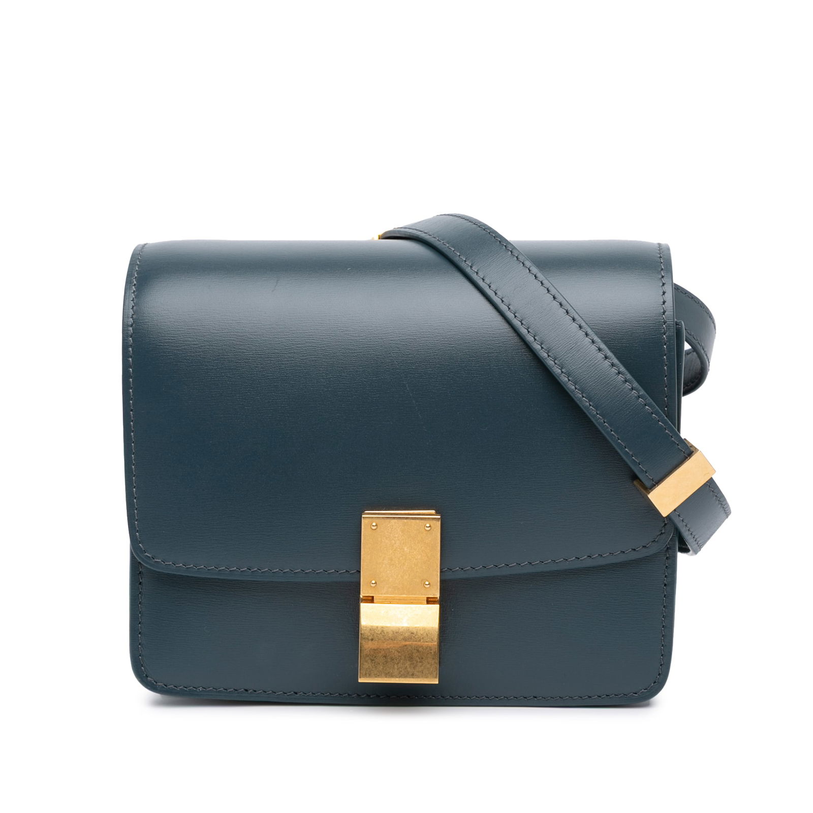 Celine Small Green Calfskin Classic Box Crossbody Bag: Celine Small Green Calfskin Classic Box Crossbody Bag The Celine Small Calfskin Classic Box crossbody bag is a stylish and functional accessory, featuring a soft leather body with a beautiful green hu