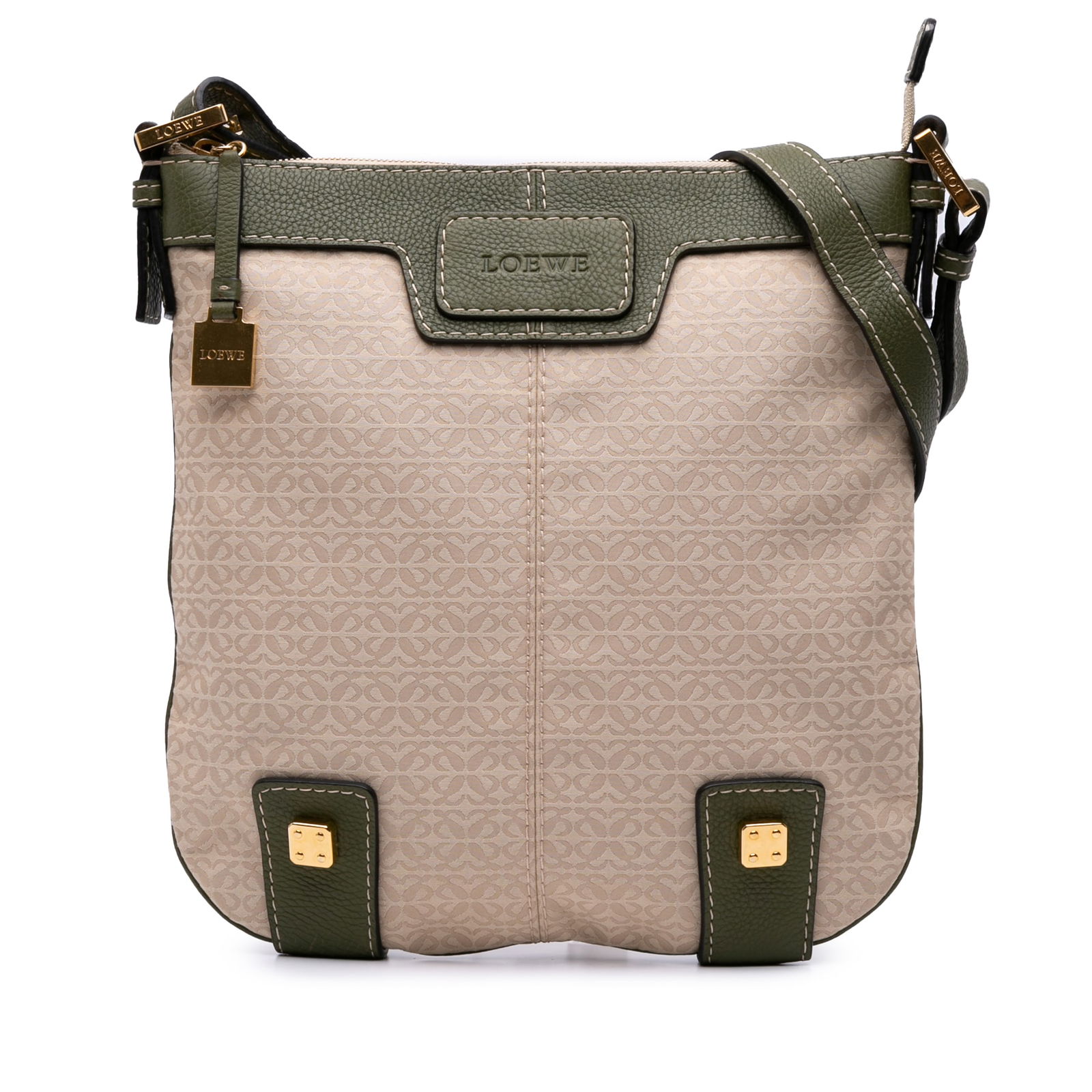 LOEWE Anagram Canvas New Road Crossbody Bag Brown Fabric: LOEWE Anagram Canvas New Road Crossbody Bag Brown Fabric This LOEWE Anagram Canvas New Road Crossbody bag showcases a stylish canvas body complemented by leather trim. It features a convenient top zip