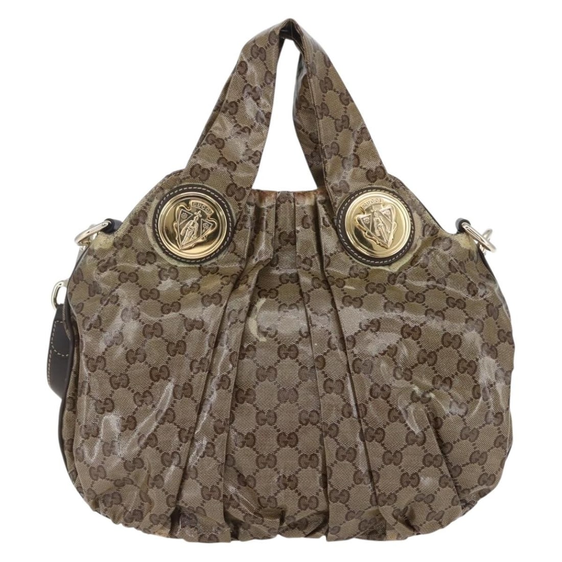 Beige Gucci Hysteria Convertible Handbag with Top Handles: Beige Gucci Hysteria Convertible Handbag with Top Handles This pre-owned Gucci GG Crystal Hysteria convertible top handle bag is crafted in beige and features signs of use, including surface rubbing,