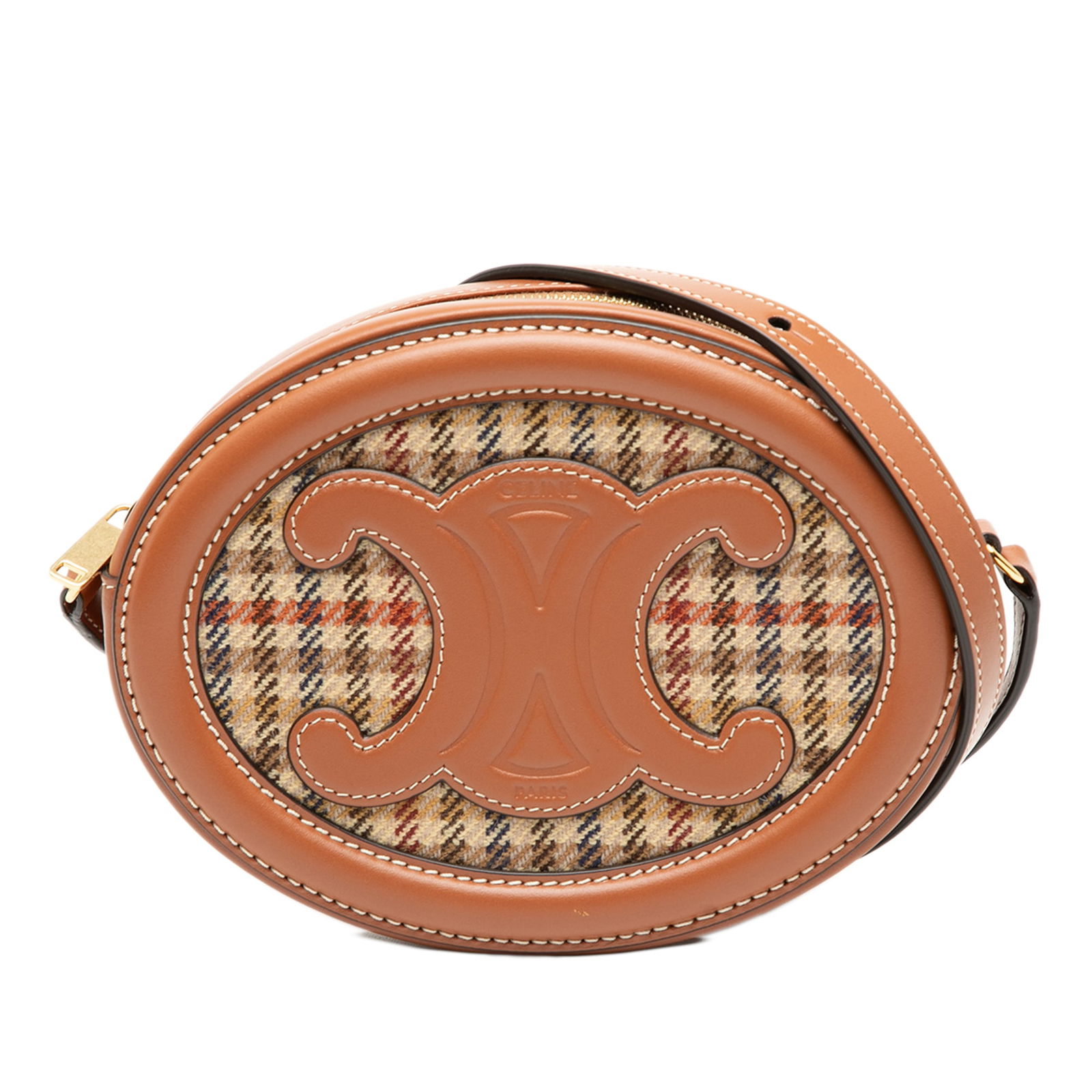 Celine Triomphe Oval Small Houndstooth Canvas and Leather Crossbody Bag: Celine Triomphe Oval Small Houndstooth Canvas and Leather Crossbody Bag This Celine Small Houndstooth Canvas and Calfskin Cuir Triomphe Oval Crossbody features an embossed leather and canvas exterior,