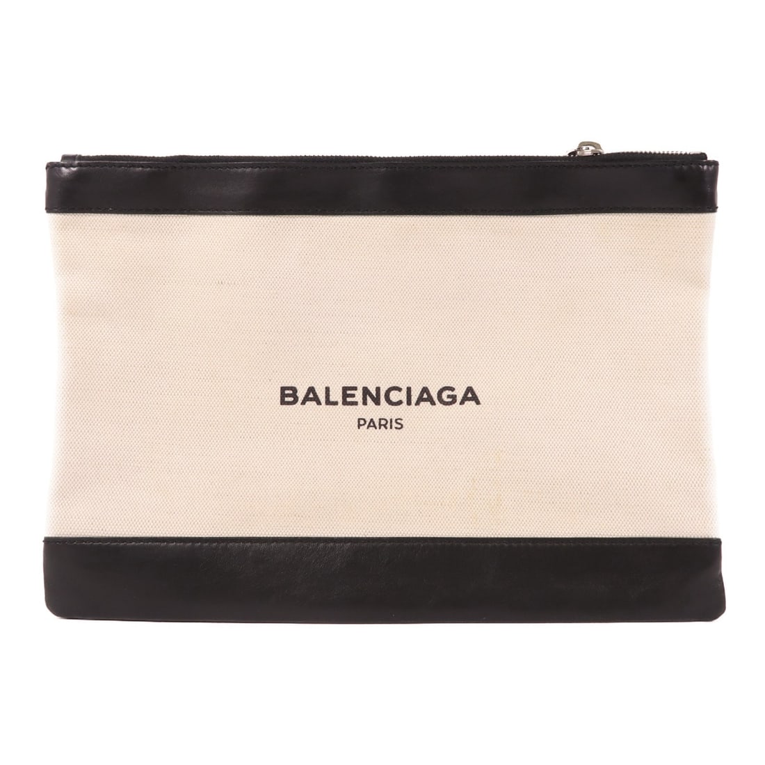 Balenciaga Beige Black Canvas Leather Pouch 373834 Made in France: Balenciaga Beige Black Canvas Leather Pouch 373834 Made in France This stylish Balenciaga pouch features a chic combination of canvas and leather in a sophisticated beige and black color scheme. Desig