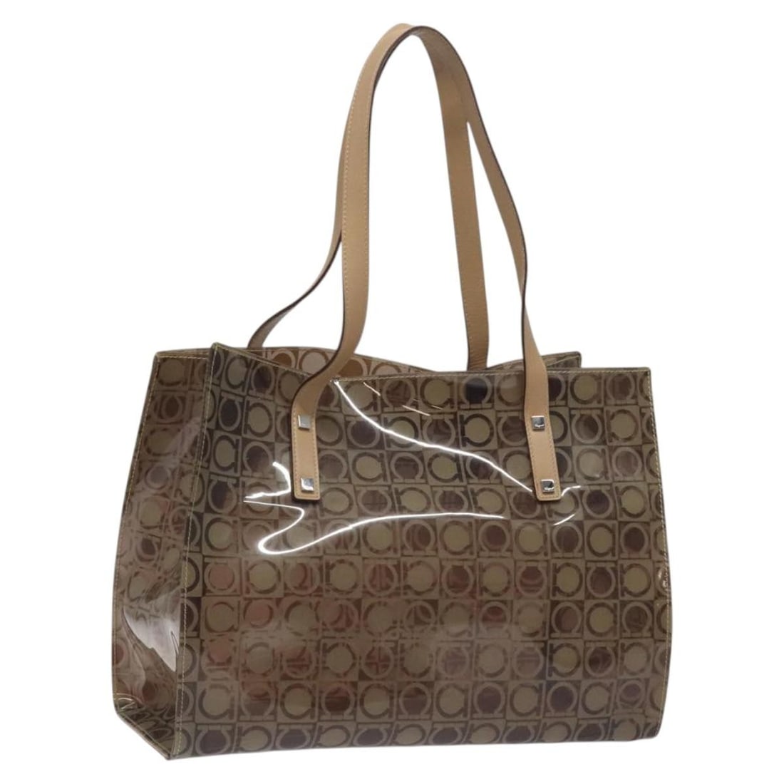 Salvatore Ferragamo Gancini Tote Bag Brown Silver Vinyl Made in Italy (1 of 18)