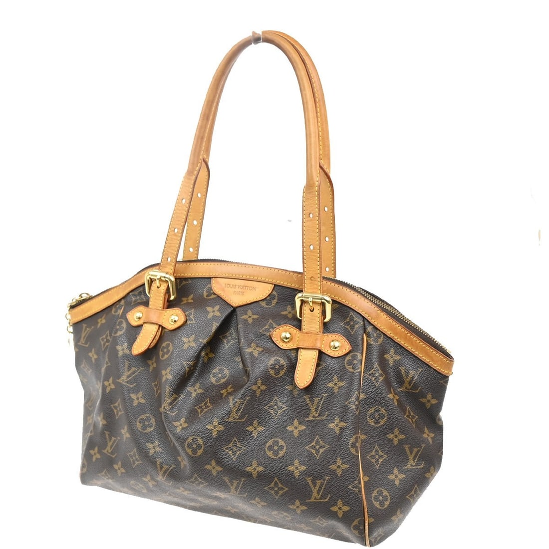 Tivoli Shoulder Bag by Louis Vuitton in Brown: Tivoli Shoulder Bag by Louis Vuitton in Brown This pre-owned Louis Vuitton Tivoli shoulder bag in brown is designed for women and features a spacious interior. The bag shows significant signs of use,