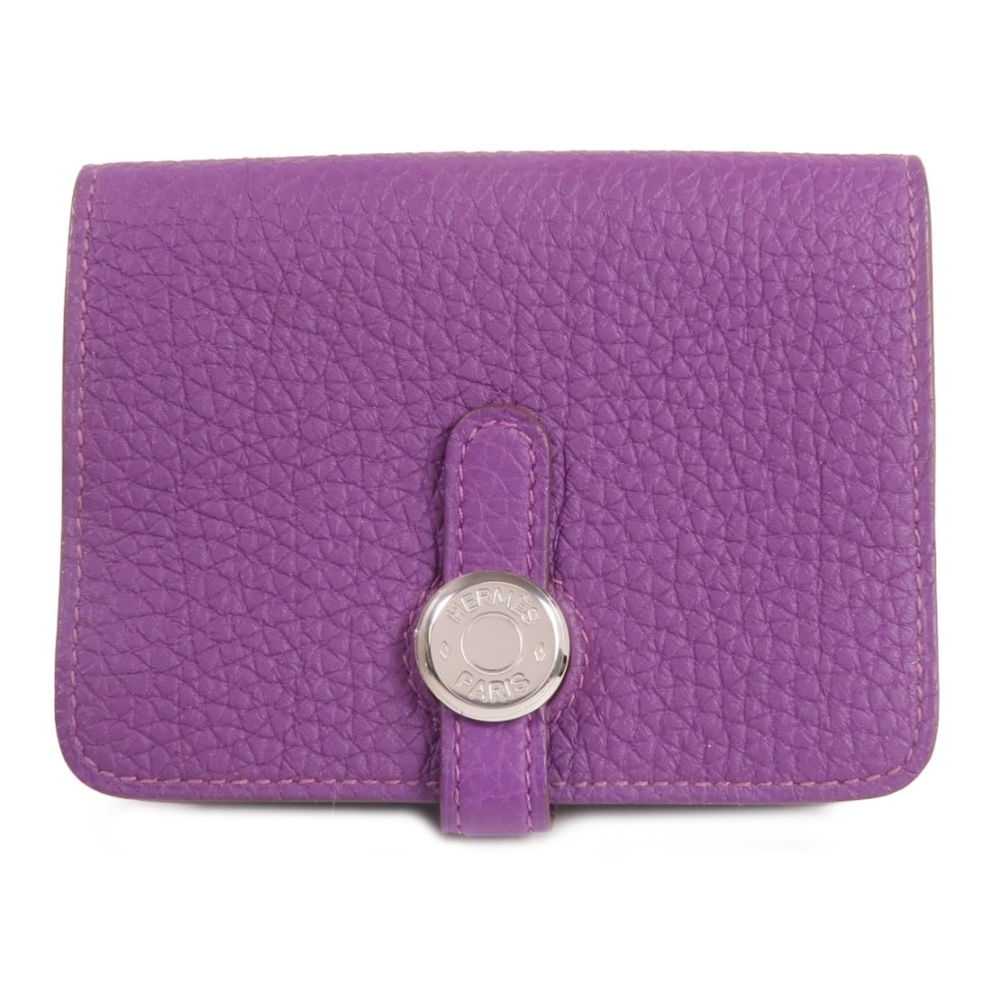 Dogon Card Case in Anemone Clemence Leather with Palladium Hardware: Dogon Card Case in Anemone Clemence Leather with Palladium Hardware This Hermes Dogon card case is crafted from Taurillon Clemence calfskin leather in a purple Anemone shade. Made in France, it featur