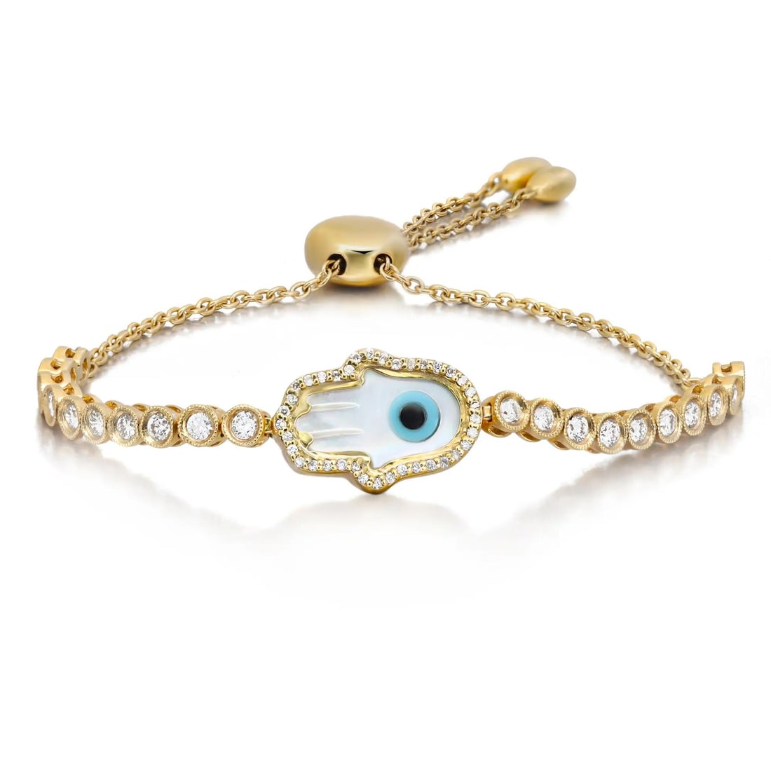 Rachel Koen 18K Yellow Gold Evil Eye Hamsa Bolo Bracelet 1.00Cttw Diamonds (1 of 5)