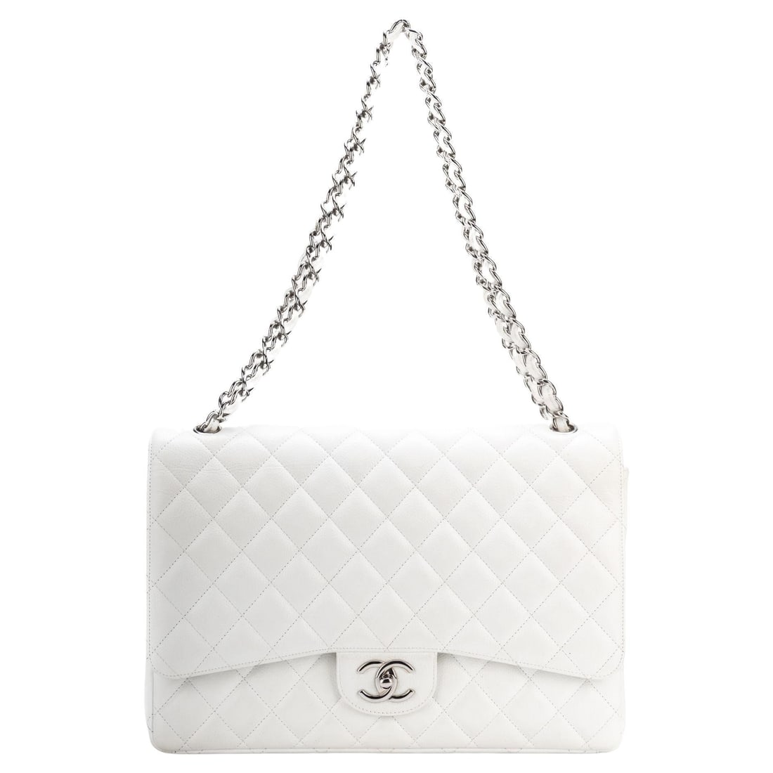 Chanel White Caviar Maxi Double Flap Bag with Hologram: Chanel White Caviar Maxi Double Flap Bag with Hologram This Chanel Maxi Double Flap Bag is a stunning addition to any designer collection, crafted from luxurious white caviar leather complemented by s