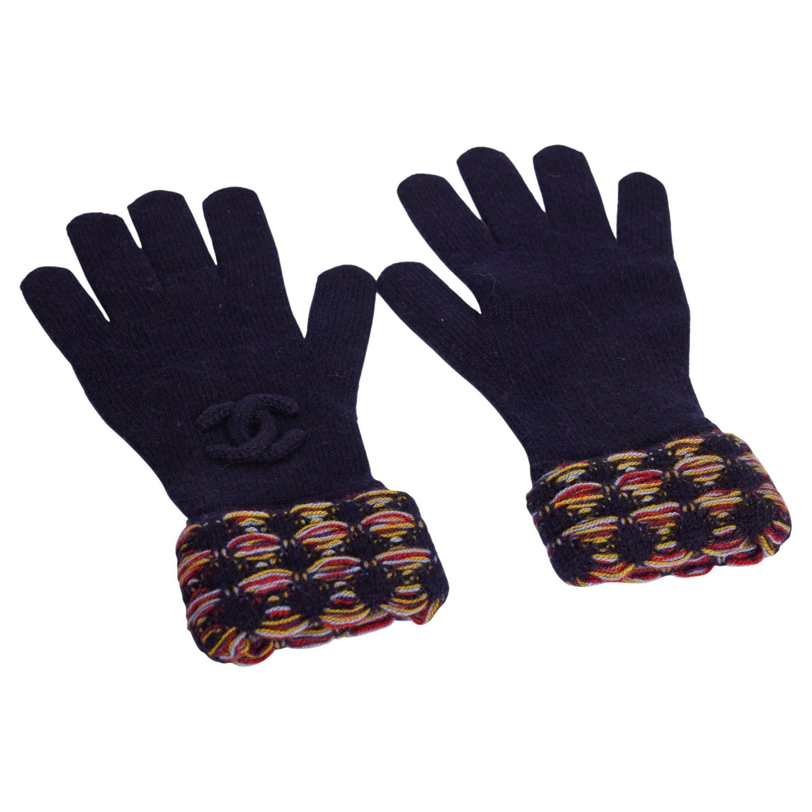 Chanel Cashmere Silk Gloves Navy Tweed Multicolor Cuff Italy (1 of 5)