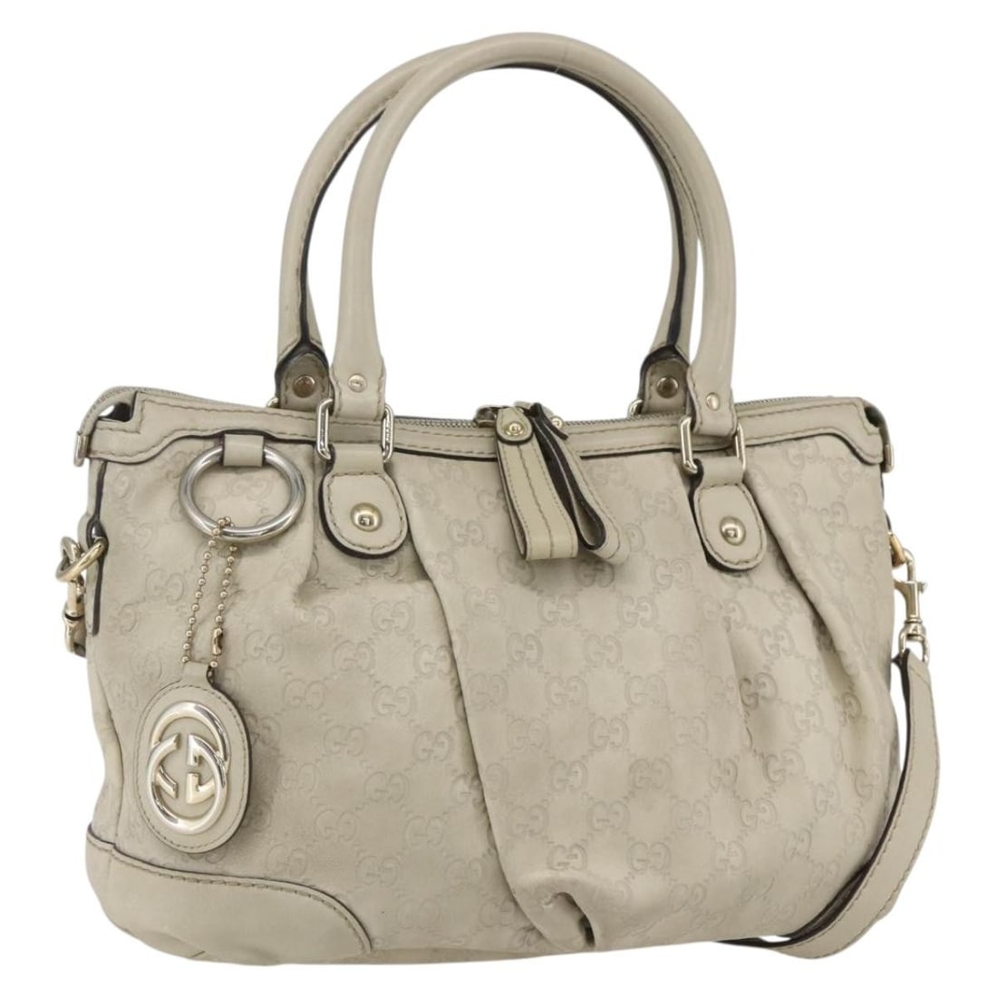 Gucci Sukey Gold Leather Tote Satchel Handbag: Gucci Sukey Gold Leather Tote Satchel Handbag This pre-owned Gucci Sukey Top Handle Satchel is in fair condition and designed for female use. The bag exhibits significant signs of wear, including surf