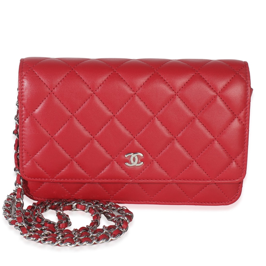 Classic Wallet On Chain Red Quilted Leather Bag by Chanel: Classic Wallet On Chain Red Quilted Leather Bag by Chanel This Chanel Classic Wallet On Chain features a rouge red quilted lambskin leather exterior with silver-tone hardware and a magnetic snap closu