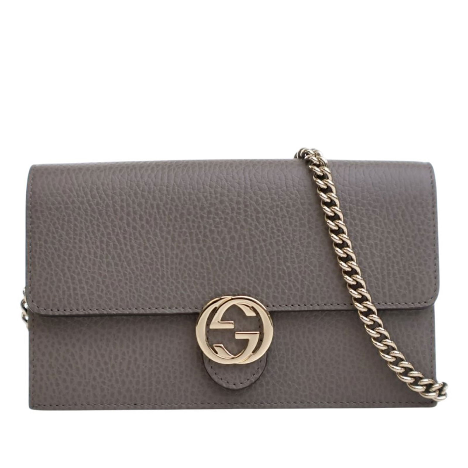 Gucci Gray Leather Interlocking G Wallet on Chain with Strap: Gucci Gray Leather Interlocking G Wallet on Chain with Strap This elegant Gucci Leather Interlocking G Dollar Wallet on Chain showcases a sophisticated design crafted from premium leather. Featuring a
