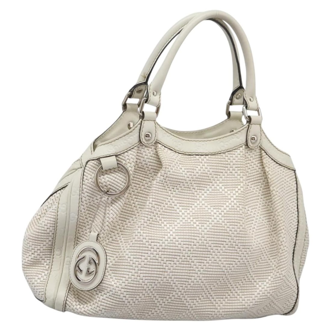 Sukey Tote Handbag by Gucci in Silver Tone: Sukey Tote Handbag by Gucci in Silver Tone This is a Gucci Sukey Tote handbag in silver, designed for women. The handbag shows signs of use, including some out-of-shape areas and rubbing on the exteri