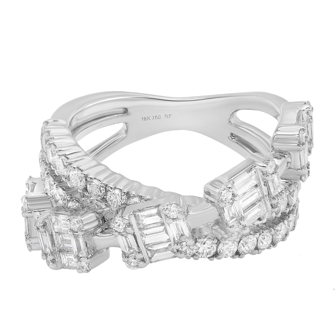 Rachel Koen 18K White Gold Crossover Diamond Ring 1.97ctw: Rachel Koen 18K White Gold Crossover Diamond Ring 1.97ctw This exquisite crossover ring showcases a unique design with two bands of prong set round cut diamonds beautifully intersecting with a channel