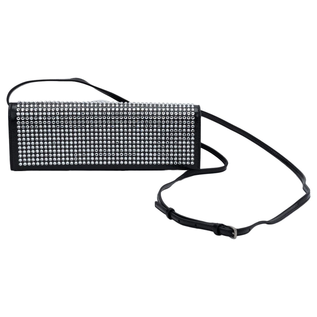 YSL Black Leather Crystal Clutch Bag with Adjustable Strap: YSL Black Leather Crystal Clutch Bag with Adjustable Strap Introducing the stunning YSL Black Leather Studded Crystal Bag, a chic clutch perfect for any occasion. This exquisite piece features a luxur