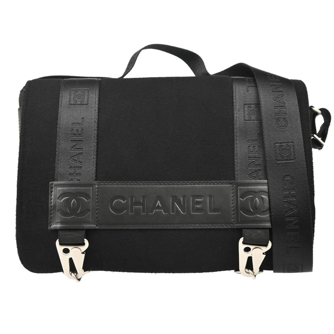 Chanel Black Felt Nylon Sport Line 2way Handbag Top Handle: Chanel Black Felt Nylon Sport Line 2way Handbag Top Handle This Chanel Black Felt Nylon Sport Line 2way Handbag is a stylish and functional accessory perfect for casual occasions. With a medium size,