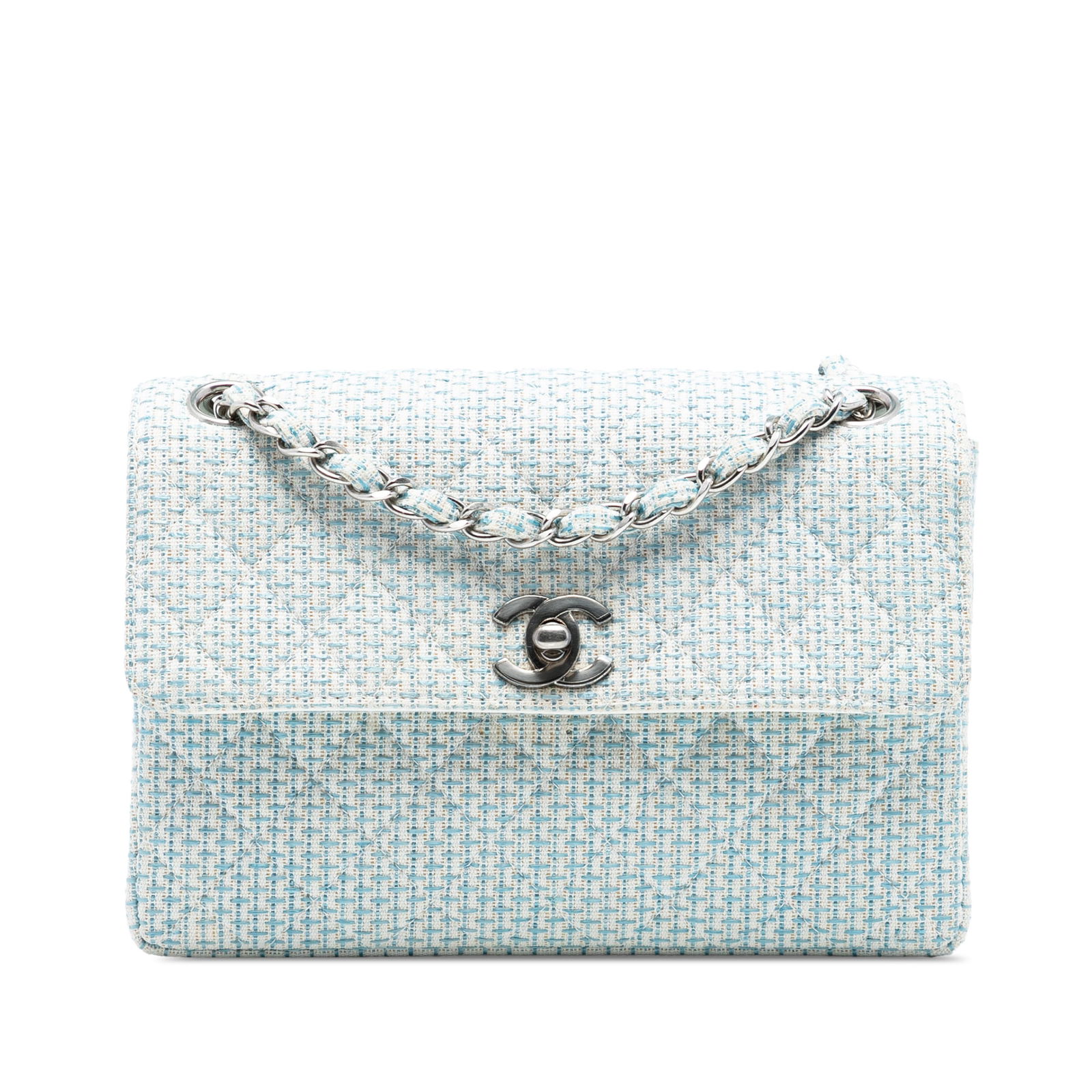 Chanel Tweed Shoulder Bag with Chain Strap and CC Turn Lock: Chanel Tweed Shoulder Bag with Chain Strap and CC Turn Lock This Chanel CC Quilted Tweed Chain Flap shoulder bag features a white tweed body with a chain link strap woven with tweed. It has a front fl