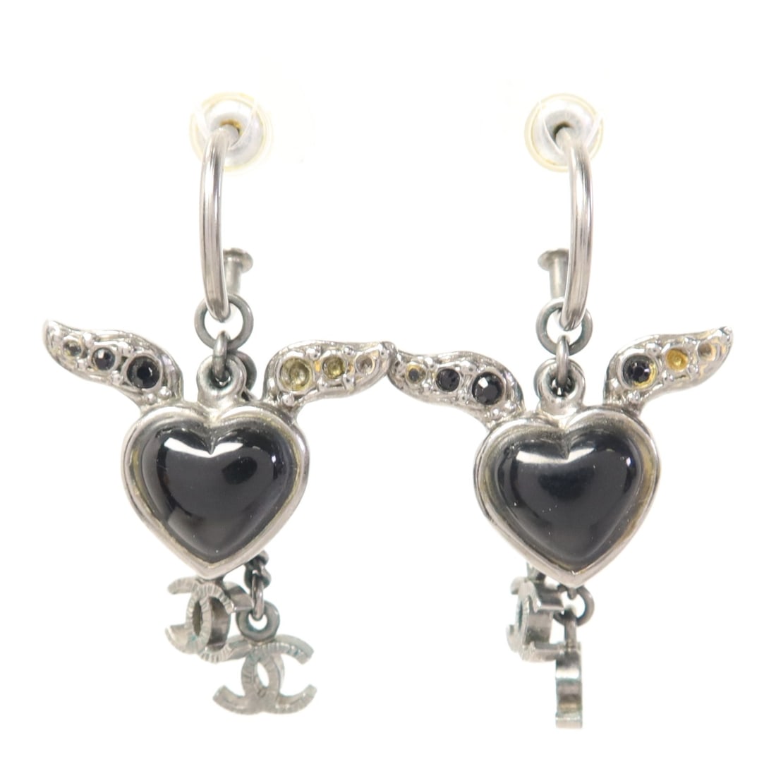 CHANEL Black Metal Crystal Pierced Earrings with SHW: CHANEL Black Metal Crystal Pierced Earrings with SHW Elevate your accessory collection with these exquisite CHANEL CC pierced earrings. Crafted with meticulous attention to detail, these earrings feat