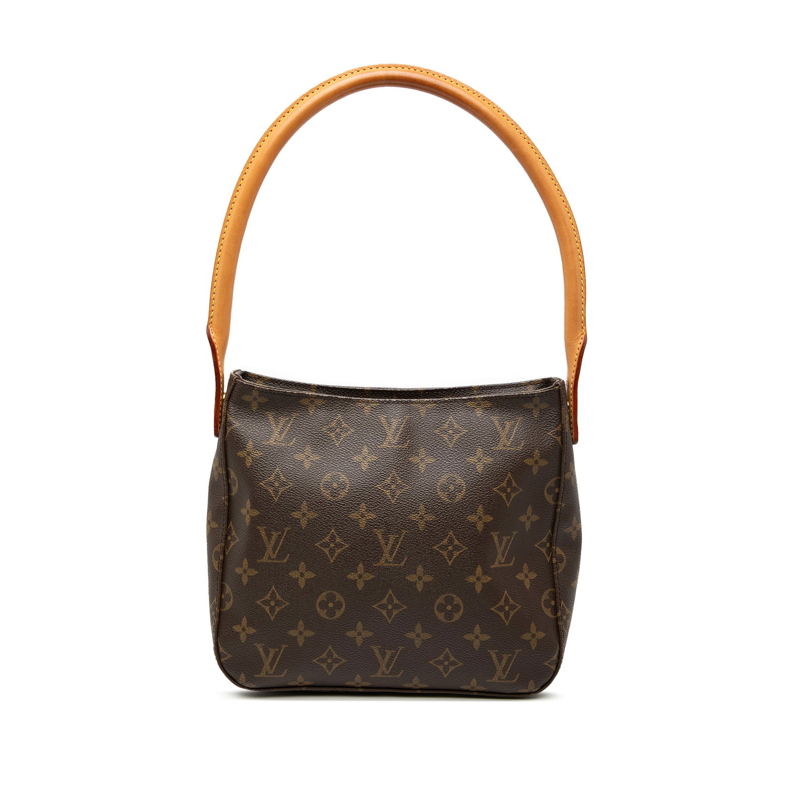 Louis Vuitton Monogram Looping MM Bag with Vachetta Leather Strap: Louis Vuitton Monogram Looping MM Bag with Vachetta Leather Strap The Louis Vuitton Monogram Looping MM is an elegant handbag crafted from durable monogram canvas. It features a rolled vachetta leathe