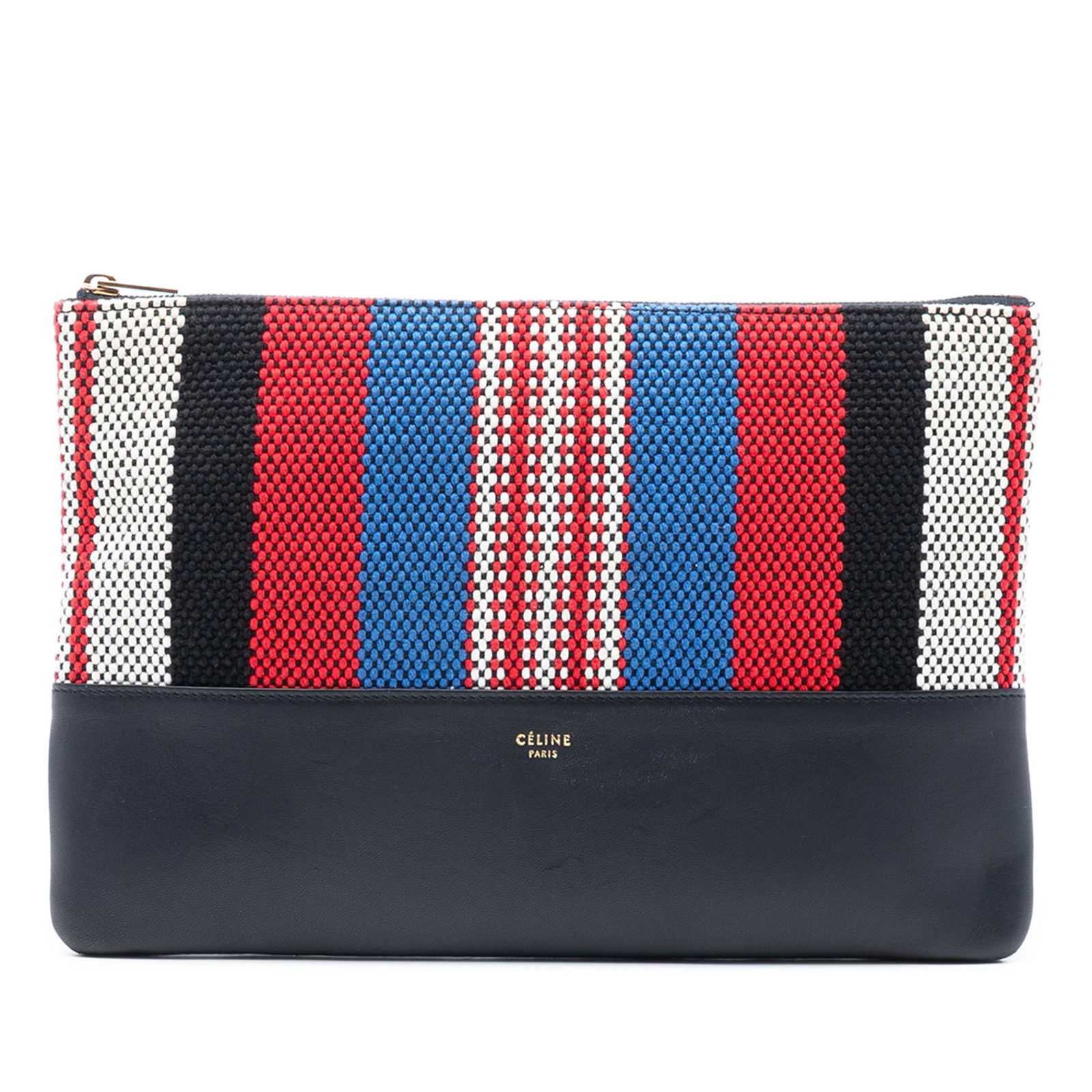 Celine Solo Pouch Striped Canvas Clutch with Leather Trim: Celine Solo Pouch Striped Canvas Clutch with Leather Trim This Celine clutch bag features a striped canvas body with leather trim, a top zip closure, and interior slip pockets. The item shows signs of