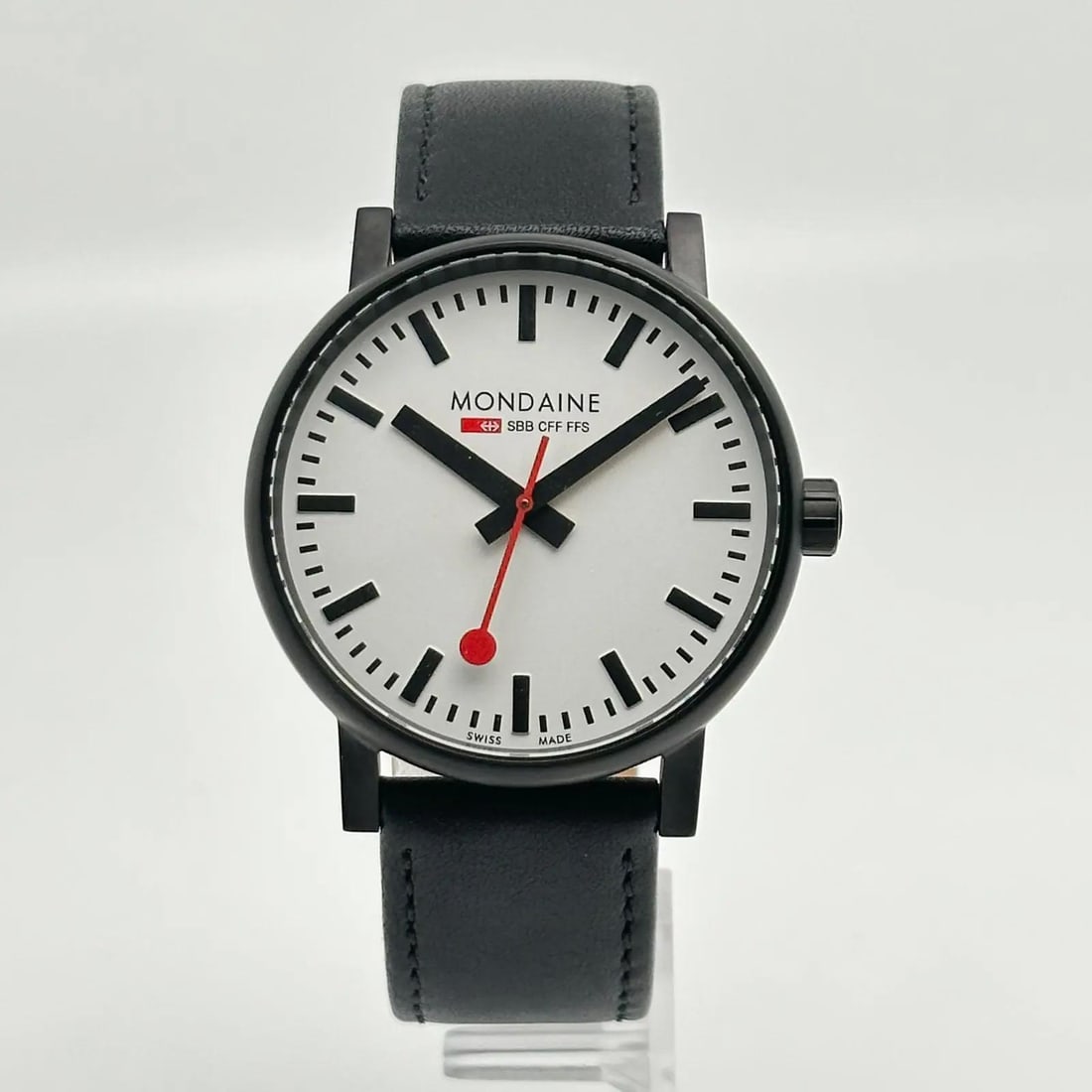 Mondaine EVO2 40mm Stainless Steel Quartz Watch Black Leather Strap (1 of 4)