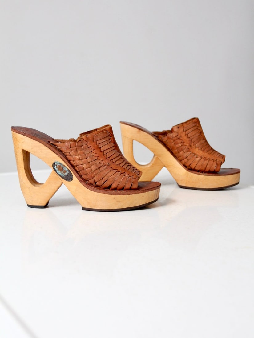 Frank Sbicca Vintage Woven Platform Mules Brown Leather Size 9 Fits 7.5 8 (1 of 13)