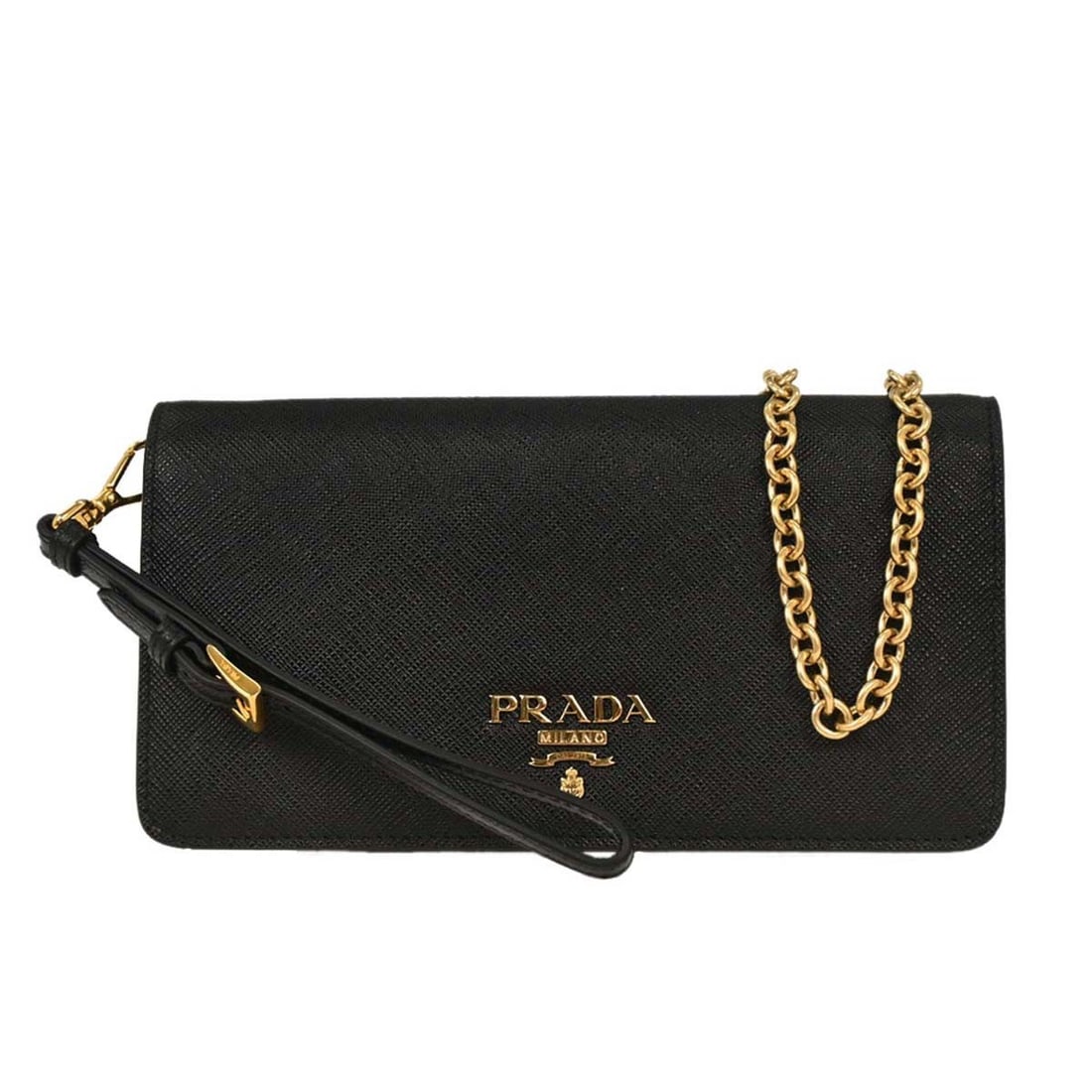 Prada Black Chain Clutch Wallet with Wristlet Strap: Prada Black Chain Clutch Wallet with Wristlet Strap This pre-owned Prada wristlet wallet on chain features a black exterior with minor dirt and is in very good overall condition. The interior remains