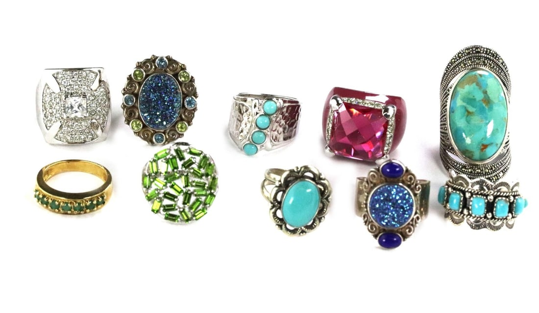 Vintage Lot of 10 Sterling Silver Rings with Turquoise Lapis and Enamel (1 of 6)