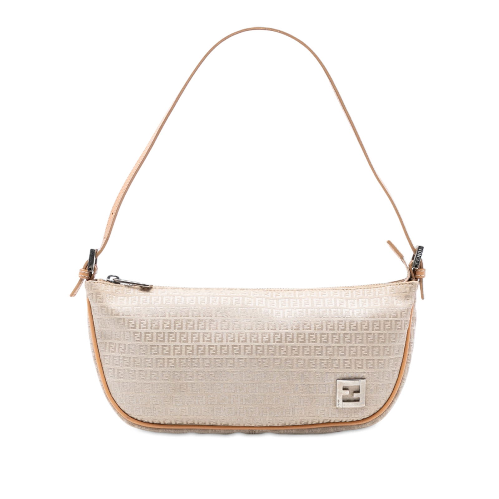 Fendi Brown Micro Zucchino Canvas Shoulder Purse with Leather Trim: Fendi Brown Micro Zucchino Canvas Shoulder Purse with Leather Trim This Fendi Micro Zucchino shoulder bag features a canvas body with leather trim, a flat leather strap, and a top zip closure. The bag