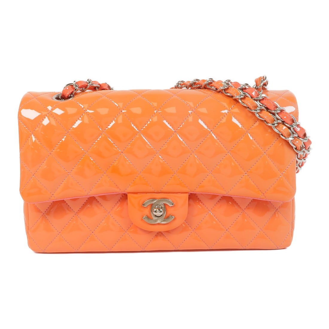 CHANEL Classic 25 Shoulder Bag Orange Patent Leather SHW: CHANEL Classic 25 Shoulder Bag Orange Patent Leather SHW This CHANEL Classic 25 Chain Shoulder Bag is elegantly crafted from patent leather in a vibrant orange hue, making it a standout accessory for