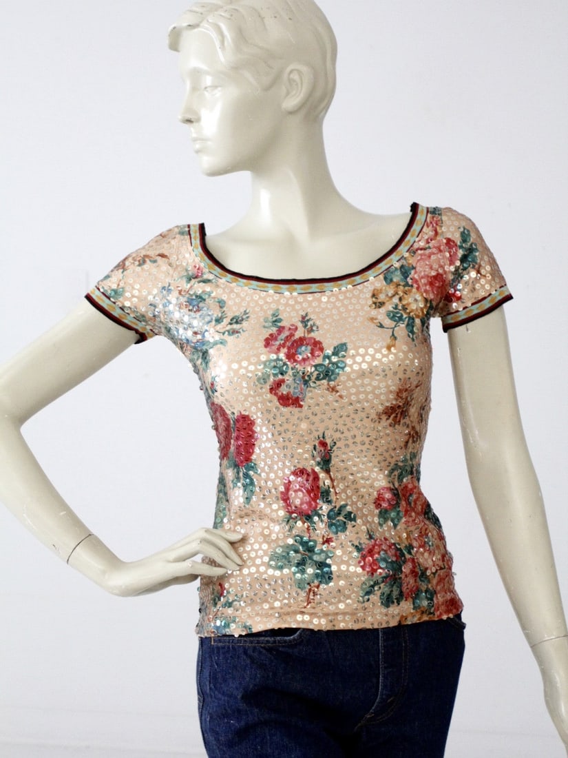 Rare Vintage Jean Paul Gaultier Sequin Blouse 1980s Rose Print (1 of 10)