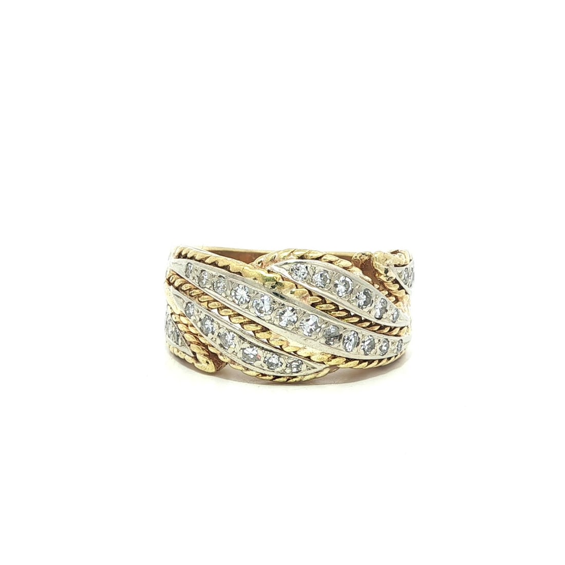18k Yellow Gold Leaf Twist Band Ring with 0.30ct Old Cut Diamonds: 18k Yellow Gold Leaf Twist Band Ring with 0.30ct Old Cut Diamonds This exquisite band ring features a stunning design crafted from solid 18k yellow gold with 17k white gold accents. Adorned with 27 na