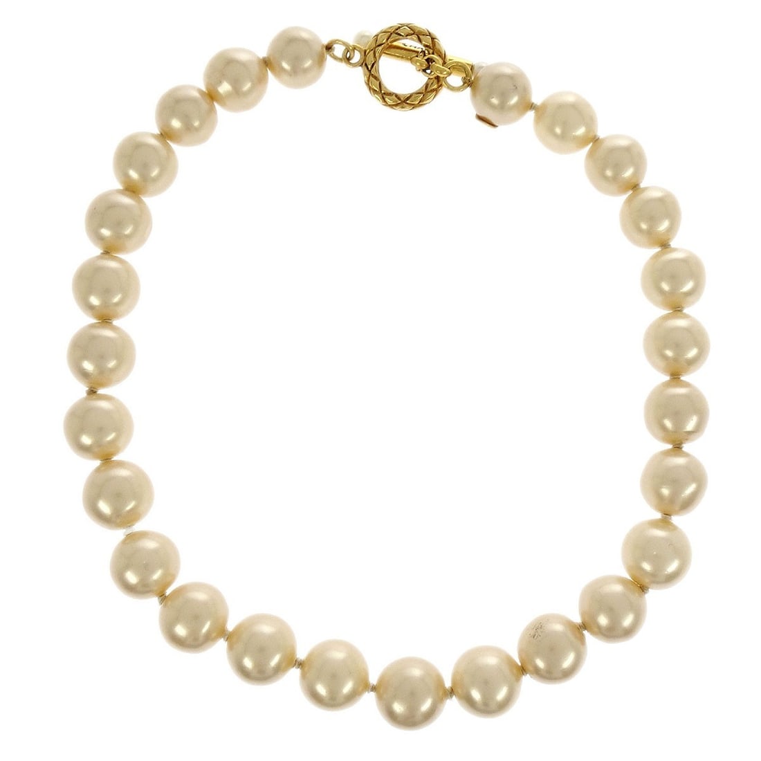 Chanel 94A Gold Plated Chain Necklace with Faux Pearl Accent: Chanel 94A Gold Plated Chain Necklace with Faux Pearl Accent This Chanel chain necklace features gold-plated metal and is adorned with artificial pearls. The necklace showcases a classic chain style a