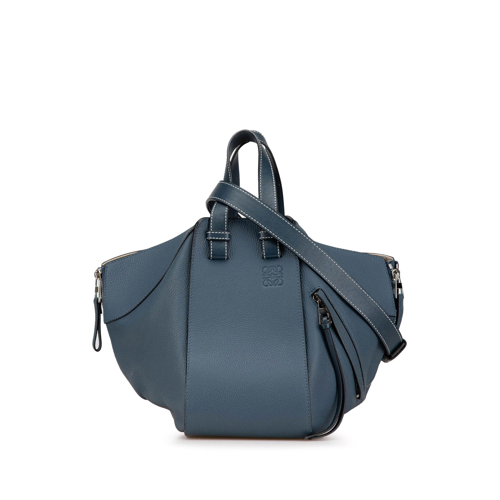 LOEWE Blue Small Leather Hammock Bag with Detachable Strap: LOEWE Blue Small Leather Hammock Bag with Detachable Strap Introducing the LOEWE Small Leather Hammock Bag, a stylish and functional accessory crafted in Spain. This bag features a luxurious leather b