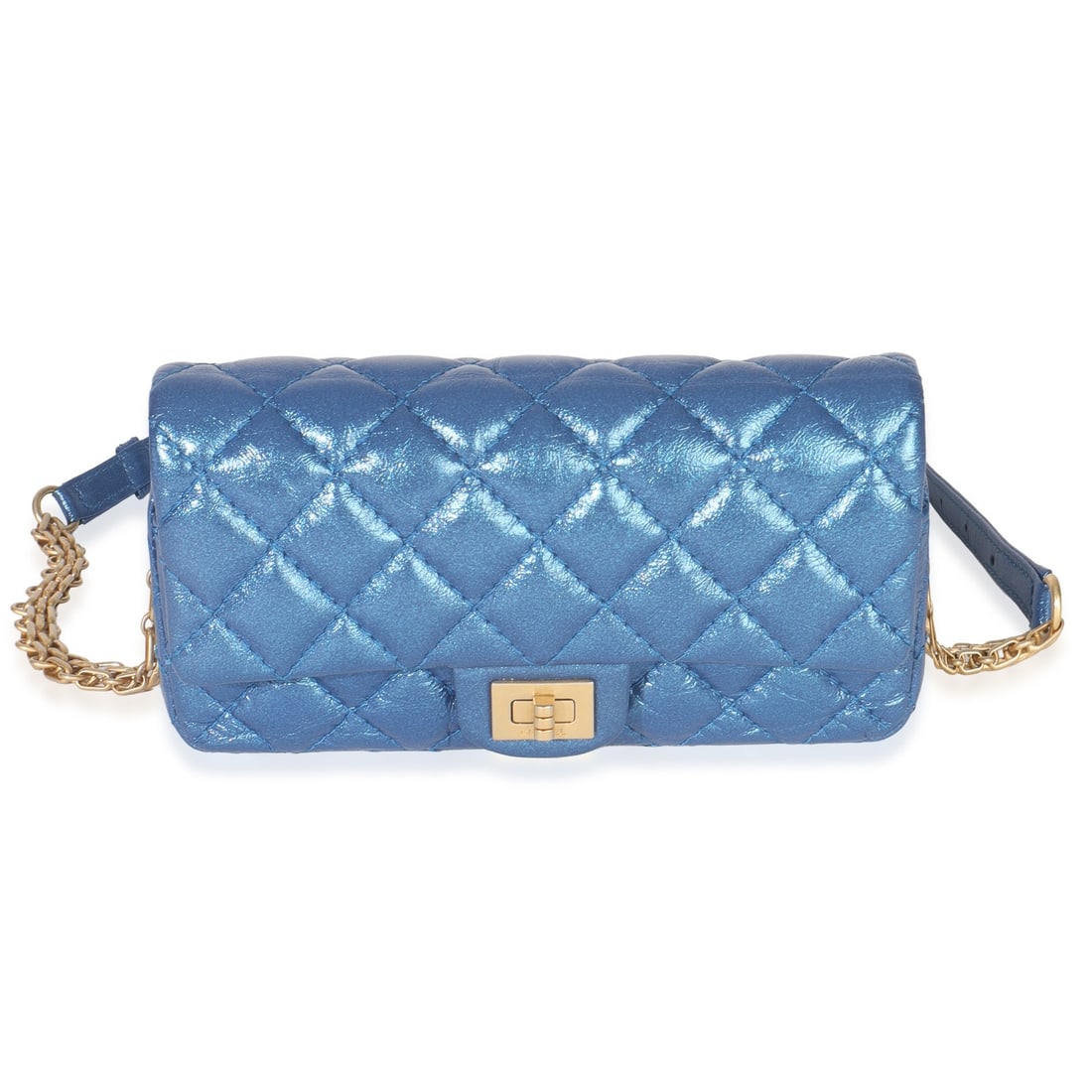 Chanel 2.55 Reissue Blue Metallic Quilted Calfskin Leather Belt Bag: Chanel 2.55 Reissue Blue Metallic Quilted Calfskin Leather Belt Bag This Chanel 2.55 Reissue Flap Belt Bag features blue metallic aged quilted calfskin leather and gold-tone hardware. The bag is desig