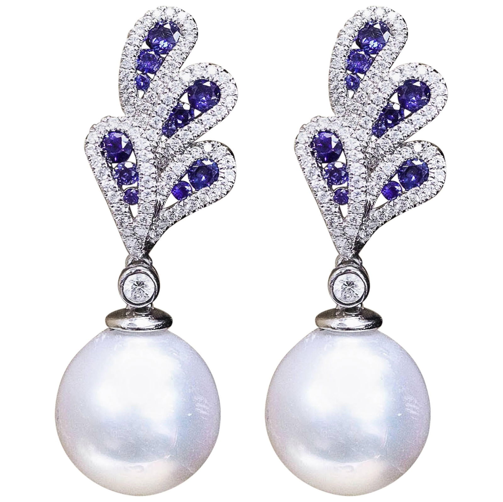 Harbor Diamonds 18K White Gold Sapphire Diamond South Sea Pearl Dangle Earrings: Harbor Diamonds 18K White Gold Sapphire Diamond South Sea Pearl Dangle Earrings Exquisite contemporary earrings crafted from 18k white gold, featuring stunning round cut sapphires, sparkling diamonds,