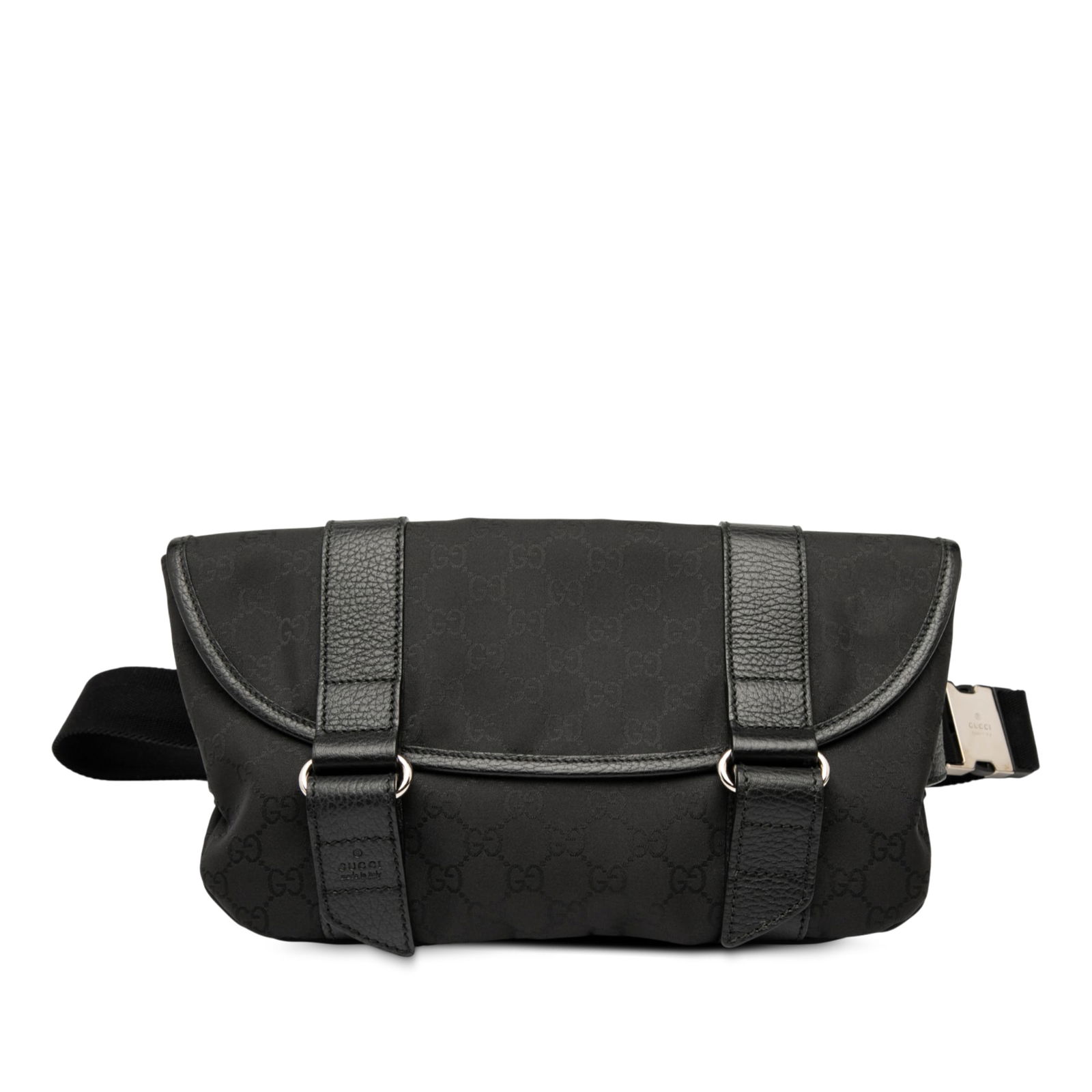 GG Canvas Black Belt Bag by Gucci with Flap and Zip Pocket: GG Canvas Black Belt Bag by Gucci with Flap and Zip Pocket This Gucci GG Canvas Belt Bag showcases a canvas body with a flat belt strap, a top flap featuring a strap and touch fastener closure, and an