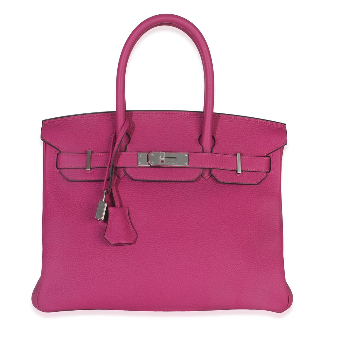 Hermes Birkin 30 Rose Pourpre Leather Bag with Silver-Tone Hardware: Hermes Birkin 30 Rose Pourpre Leather Bag with Silver-Tone Hardware This Hermes Birkin 30 is crafted from Rose Pourpre Togo leather and features a top handle design with silver-tone hardware. The bag