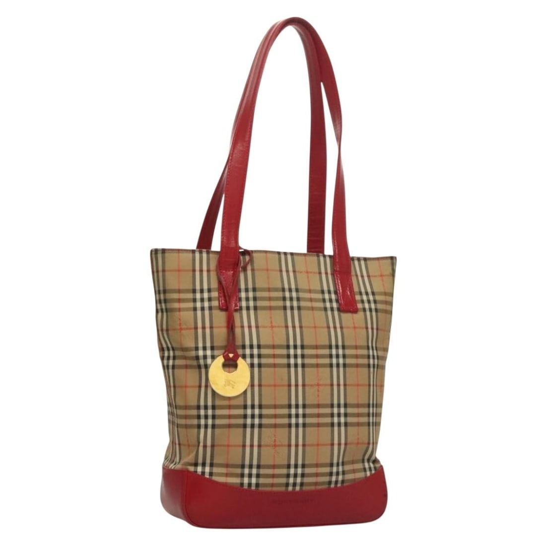 Beige Tote Bag with Nova Check Pattern by Burberry: Beige Tote Bag with Nova Check Pattern by Burberry This Burberry Nova Check Tote in beige features the signature checked pattern and is designed for female use. The bag shows signs of use, including l