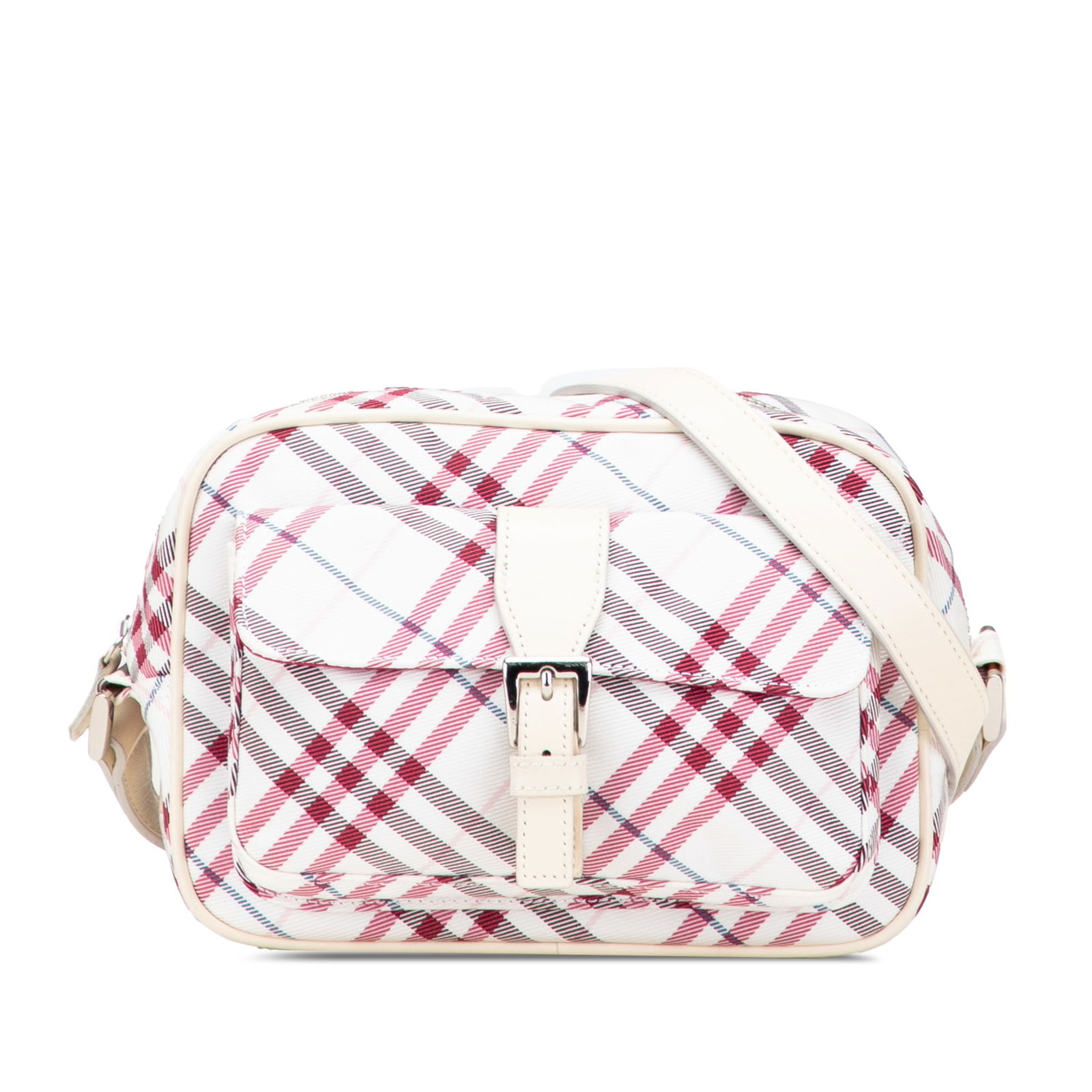 Burberry Nova Check Canvas Crossbody Bag with Leather Trim: Burberry Nova Check Canvas Crossbody Bag with Leather Trim This Burberry Nova Check Canvas Crossbody bag showcases a classic nova check canvas body complemented by leather trim. It features an adjusta