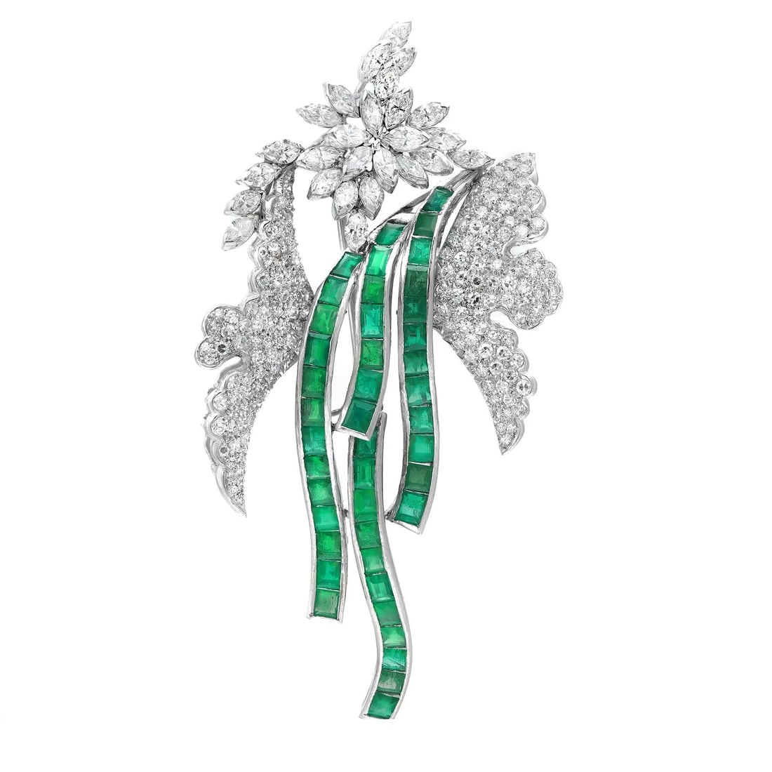 Rachel Koen Platinum Brooch 3.00ct Emerald 3.70ct Diamond Elegant Design (1 of 3)