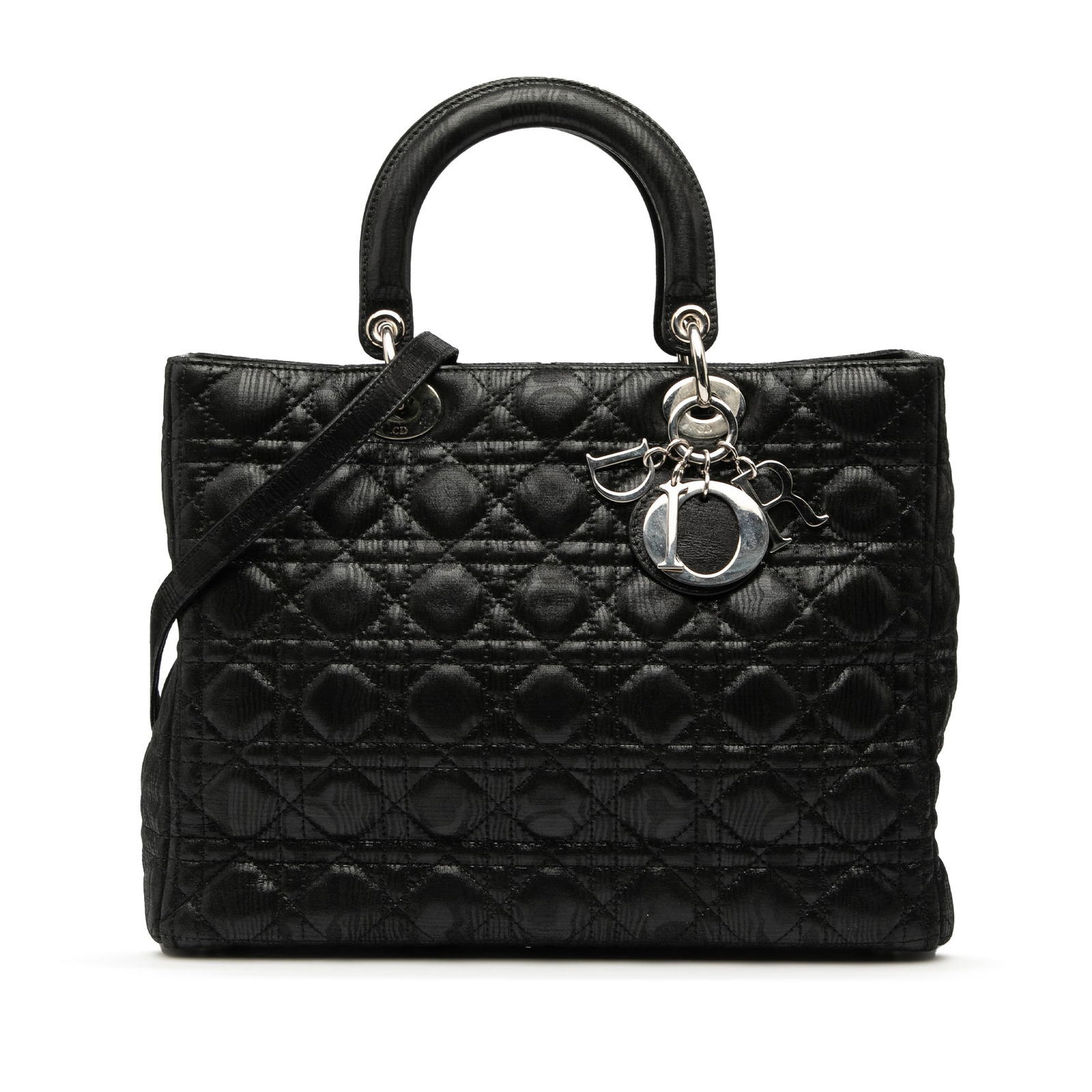 Dior Large Iridescent Fabric Cannage Bag with Silver Hardware: Dior Large Iridescent Fabric Cannage Bag with Silver Hardware This Large Iridescent Fabric Cannage Lady Dior bag showcases a stunning quilted iridescent fabric body, complemented by silver-tone hardwa