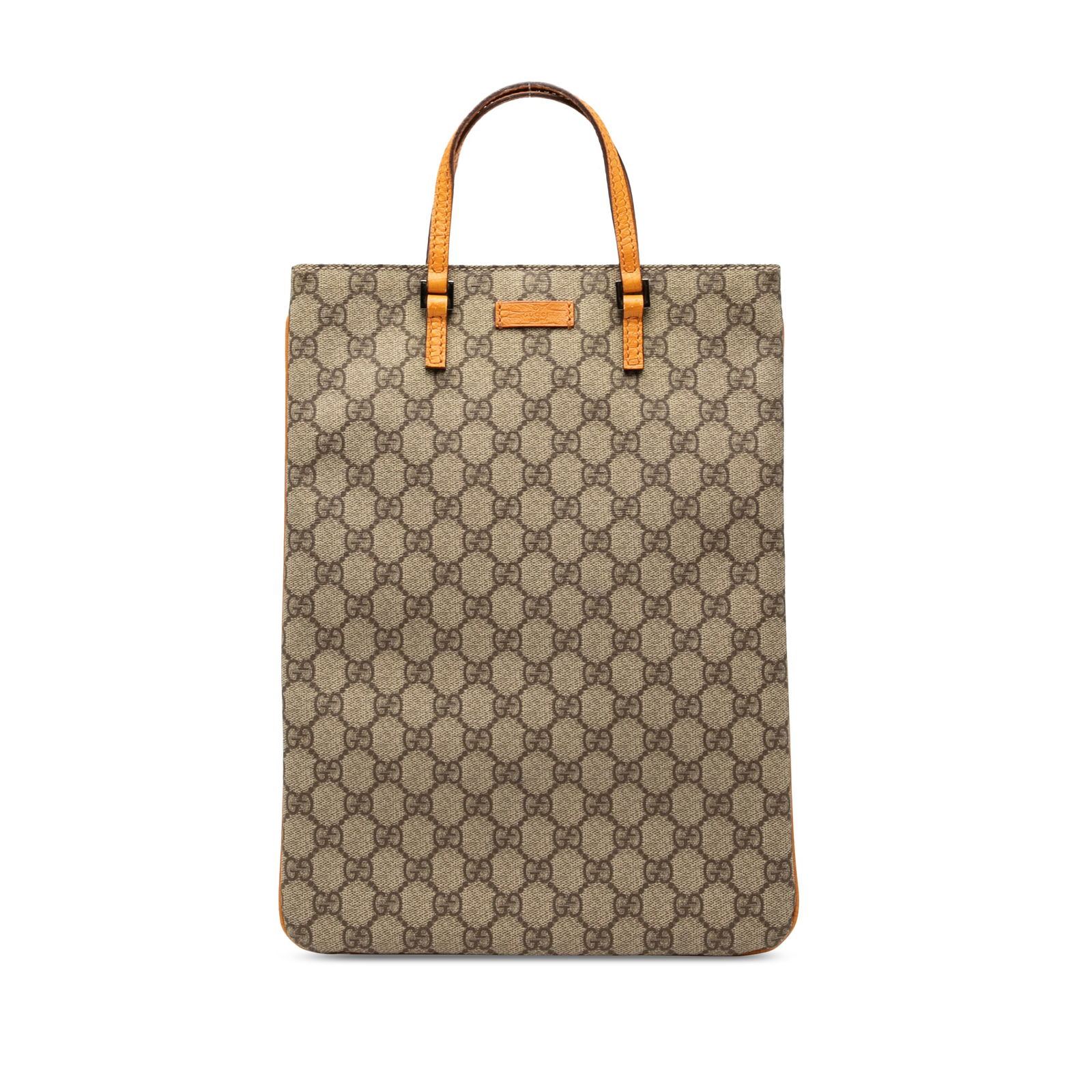 Brown GG Supreme Tote Bag by Gucci with Leather Handles: Brown GG Supreme Tote Bag by Gucci with Leather Handles This Gucci GG Supreme Tote features a coated canvas body with flat leather straps, an open top secured by a magnetic snap closure, and an interi