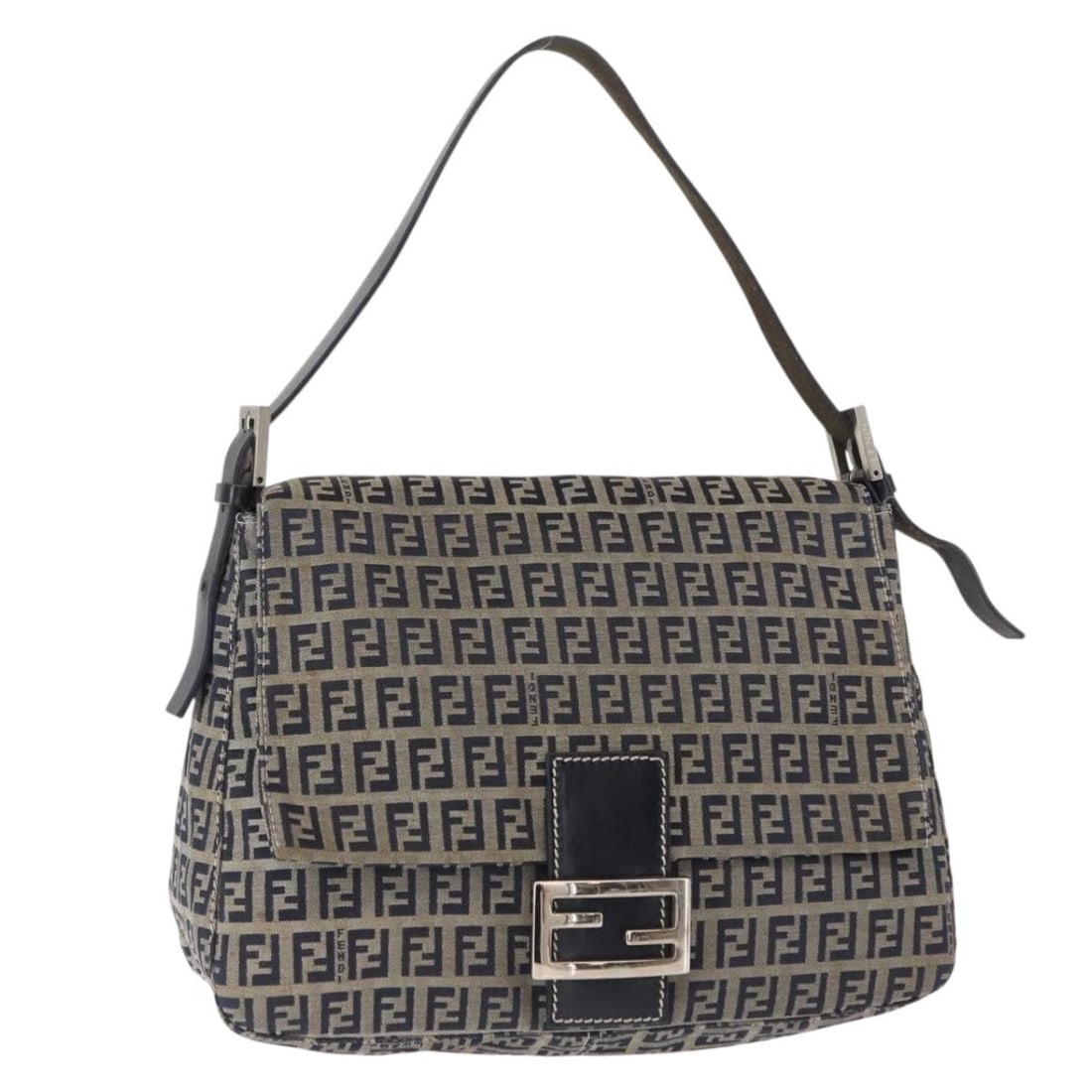 FENDI Zucchino Canvas Mamma Baguette Shoulder Bag Navy Silver Auth (1 of 18)