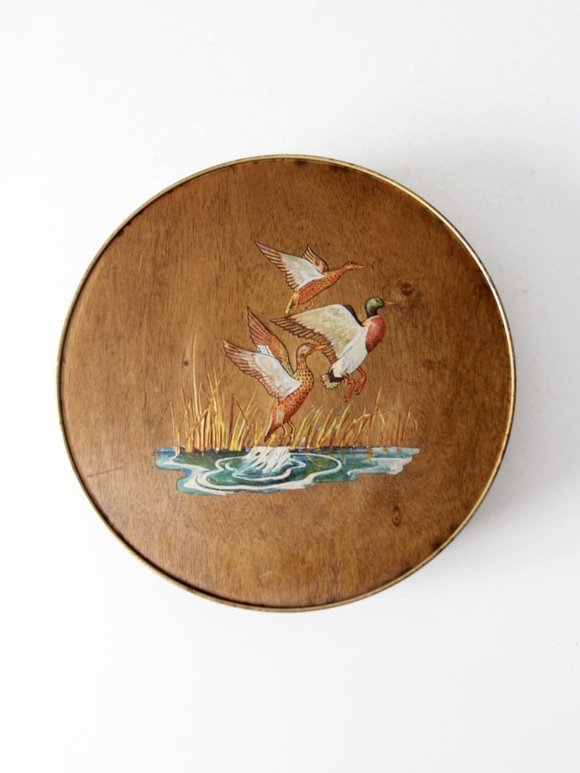 1970s Vintage Hand Painted Mallard Ducks Tin with Wood Veneer (1 of 13)